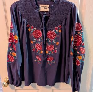 Savanna Jane Floral Embroidered Long Sleeve Top In Navy